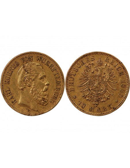 ALLEMAGNE, WURTTEMBERG, WILHELM II - 10 MARK OR 1893 F