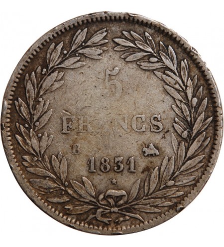 LOUIS PHILIPPE﻿ - 5 FRANCS ARGENT 1831 B ROUEN "Tête Nue Tranche en Creux"﻿
