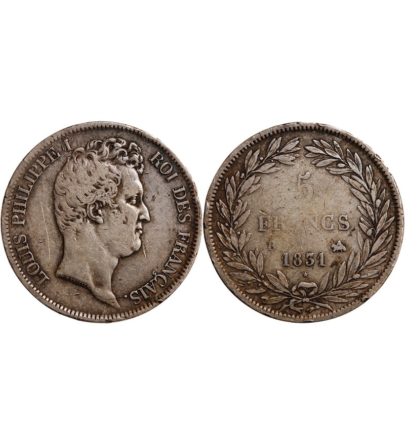 LOUIS PHILIPPE﻿ - 5 FRANCS ARGENT 1831 B ROUEN "Tête Nue Tranche en Creux"﻿