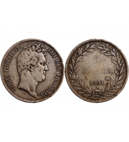 LOUIS PHILIPPE﻿ - 5 FRANCS ARGENT 1831 B ROUEN "Tête Nue Tranche en Creux"﻿