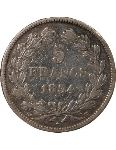 LOUIS PHILIPPE﻿ - 5 FRANCS ARGENT - Type DOMARD, TRANCHE EN RELIEF, 2e RETOUCHE, 1834 T NANTES