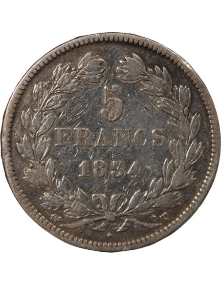 LOUIS PHILIPPE﻿ - 5 FRANCS ARGENT - Type DOMARD, TRANCHE EN RELIEF, 2e RETOUCHE, 1834 T NANTES