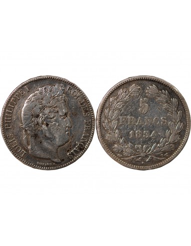 LOUIS PHILIPPE﻿ - 5 FRANCS ARGENT - Type DOMARD, TRANCHE EN RELIEF, 2e RETOUCHE, 1834 T NANTES