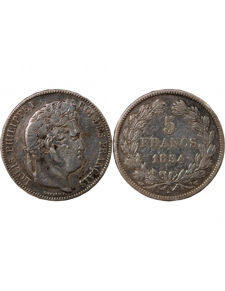 LOUIS PHILIPPE﻿ - 5 FRANCS ARGENT - Type DOMARD, TRANCHE EN RELIEF, 2e RETOUCHE, 1834 T NANTES