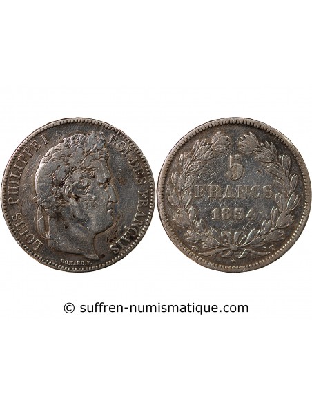 LOUIS PHILIPPE﻿ - 5 FRANCS ARGENT - Type DOMARD, TRANCHE EN RELIEF, 2e RETOUCHE, 1834 T NANTES