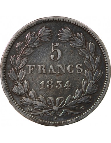 LOUIS PHILIPPE﻿ - 5 FRANCS ARGENT - Type DOMARD, TRANCHE EN RELIEF, 2e RETOUCHE, 1834 T NANTES