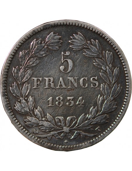 LOUIS PHILIPPE﻿ - 5 FRANCS ARGENT - Type DOMARD, TRANCHE EN RELIEF, 2e RETOUCHE, 1834 T NANTES