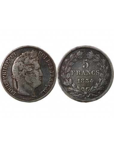 LOUIS PHILIPPE﻿ - 5 FRANCS ARGENT - Type DOMARD, TRANCHE EN RELIEF, 2e RETOUCHE, 1834 T NANTES