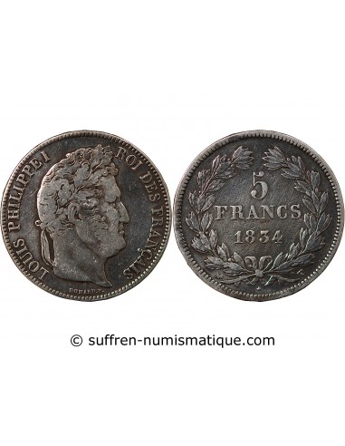 LOUIS PHILIPPE﻿ - 5 FRANCS ARGENT - Type DOMARD, TRANCHE EN RELIEF, 2e RETOUCHE, 1834 T NANTES