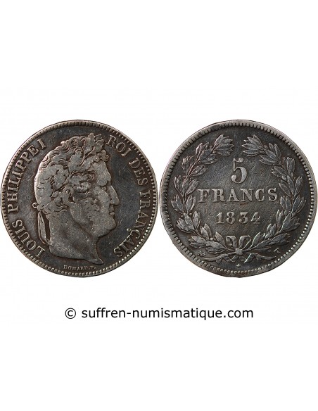LOUIS PHILIPPE﻿ - 5 FRANCS ARGENT - Type DOMARD, TRANCHE EN RELIEF, 2e RETOUCHE, 1834 T NANTES