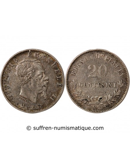 ITALIE, VICTOR EMMANUEL II - 20 CENTESIMI ARGENT 1863 M MILAN