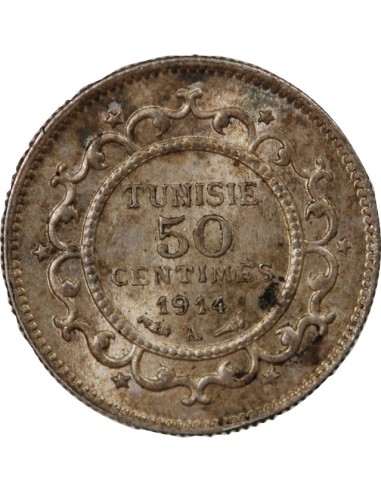 PROTECTORAT FRANCAIS DE TUNISIE, MUHAMMAD AL-NASIR - 50 CENTIMES ARGENT - 1914, A PARIS