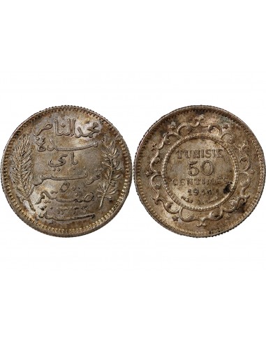 PROTECTORAT FRANCAIS DE TUNISIE, MUHAMMAD AL-NASIR - 50 CENTIMES ARGENT - 1914, A PARIS