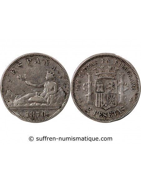 ESPAGNE, GOUVERNEMENT PROVISOIRE - 2 PESETAS ARGENT - 1870/1875, DE, M MADRIRD