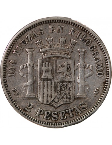 ESPAGNE, GOUVERNEMENT PROVISOIRE - 2 PESETAS ARGENT - 1870/1875, DE, M MADRIRD