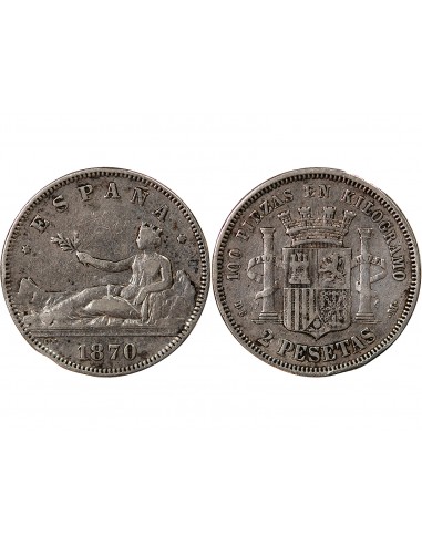 ESPAGNE, GOUVERNEMENT PROVISOIRE - 2 PESETAS ARGENT - 1870/1875, DE, M MADRIRD
