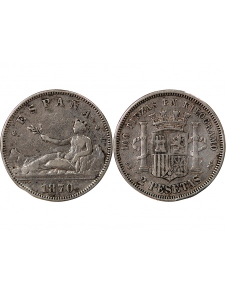 ESPAGNE, GOUVERNEMENT PROVISOIRE - 2 PESETAS ARGENT - 1870/1875, DE, M MADRIRD