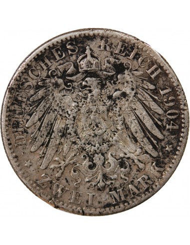 ALLEMAGNE, WURTEMBERG, WILHELM II - 2 MARK ARGENT - 1904, F STUTTGART