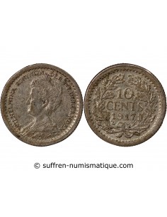 PAYS-BAS, WILHELMINA - 10 CENTS - ARGENT 1917