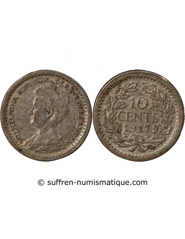 PAYS-BAS, WILHELMINA - 10 CENTS - ARGENT 1917