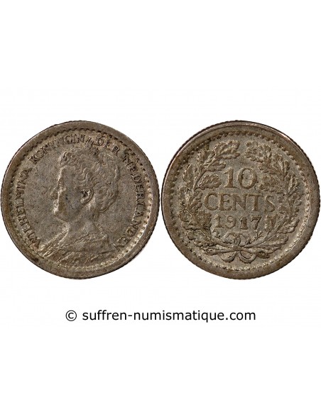 PAYS-BAS, WILHELMINA - 10 CENTS - ARGENT 1917