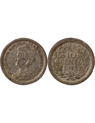 PAYS-BAS, WILHELMINA - 10 CENTS - ARGENT 1917