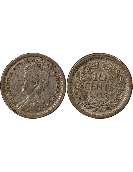PAYS-BAS, WILHELMINA - 10 CENTS - ARGENT 1917