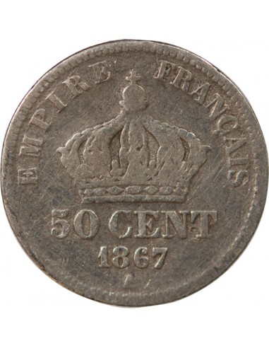 NAPOLEON III, TÊTE LAURÉE - 50 CENTIMES ARGENT - 1867, A PARIS