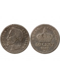 NAPOLEON III, TÊTE LAURÉE - 50 CENTIMES ARGENT - 1867, A PARIS 2