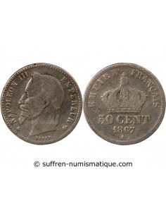 NAPOLEON III, TÊTE LAURÉE - 50 CENTIMES ARGENT - 1867, A PARIS