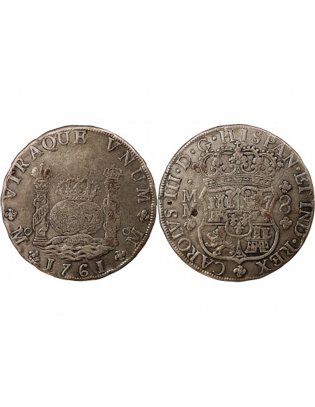 MEXIQUE, CHARLES III - 8 REALES ARGENT - 1761, MM, M° MEXICO