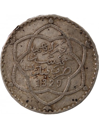 MAROC, ABDDELHAFID - 5 DIRHAMS ARGENT - 1329  (1911) Paris