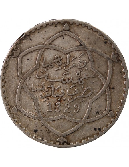 MAROC, ABDDELHAFID - 5 DIRHAMS ARGENT - 1329  (1911) Paris