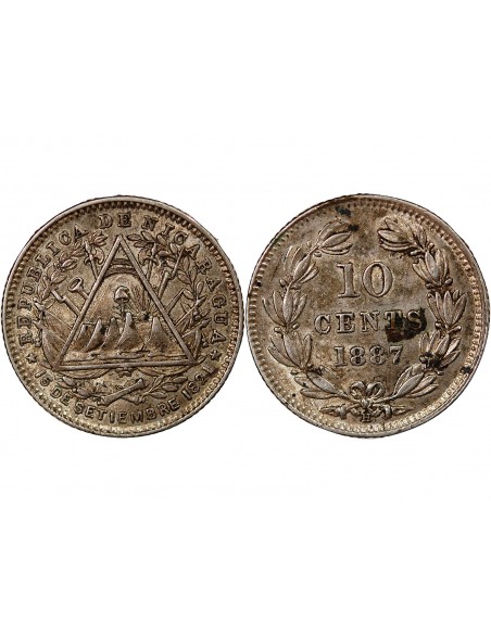 NICARAGUA - 10 CENTAVOS ARGENT - 1887, H HEATON