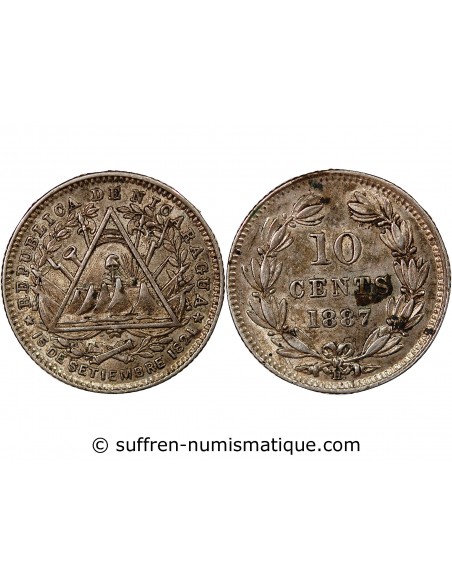 NICARAGUA - 10 CENTAVOS ARGENT - 1887, H HEATON