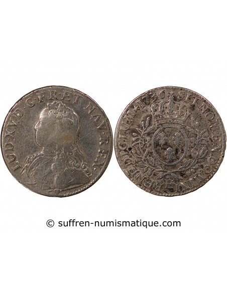 LOUIS XV - ECU AUX BRANCHES D'OLIVIER, ARGENT - 1736 E TOURS