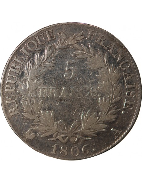 REPUBLIQUE, NAPOLEON Ier - 5 FRANCS ARGENT, CALENDRIER GREGORIEN - 1806, A PARIS
