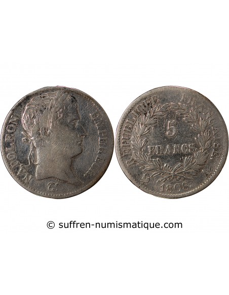 REPUBLIQUE, NAPOLEON Ier - 5 FRANCS ARGENT, REPUBLIQUE - 1808, A PARIS