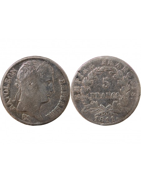 EMPIRE, NAPOLEON Ier - 5 FRANCS ARGENT - 1811, A PARIS
