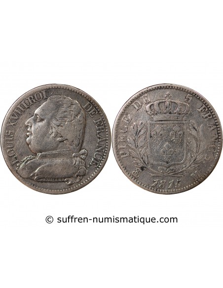 LOUIS XVIII - 5 FRANCS ARGENT, BUSTE HABILLE - 1815, M TOULOUSE