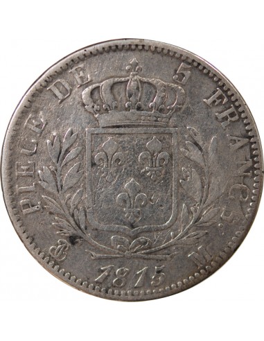 LOUIS XVIII - 5 FRANCS ARGENT, BUSTE HABILLE - 1815, M TOULOUSE
