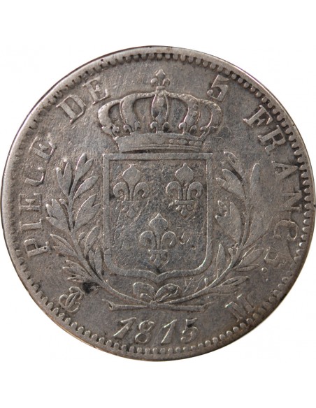 LOUIS XVIII - 5 FRANCS ARGENT, BUSTE HABILLE - 1815, M TOULOUSE