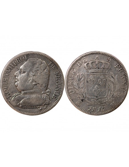 LOUIS XVIII - 5 FRANCS ARGENT, BUSTE HABILLE - 1815, M TOULOUSE