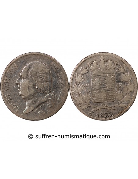 LOUIS XVIII - 5 FRANCS ARGENT, TÊTE NUE - 1822, A PARIS