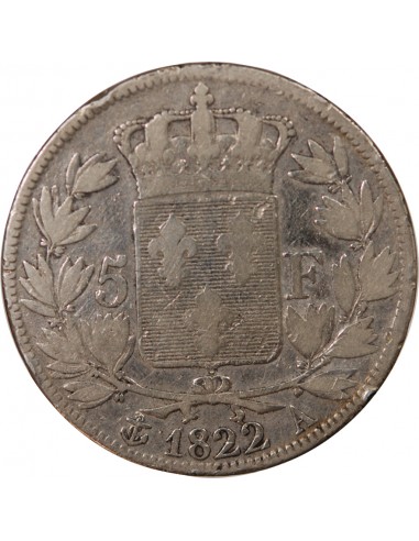 LOUIS XVIII - 5 FRANCS ARGENT, TÊTE NUE - 1822, A PARIS