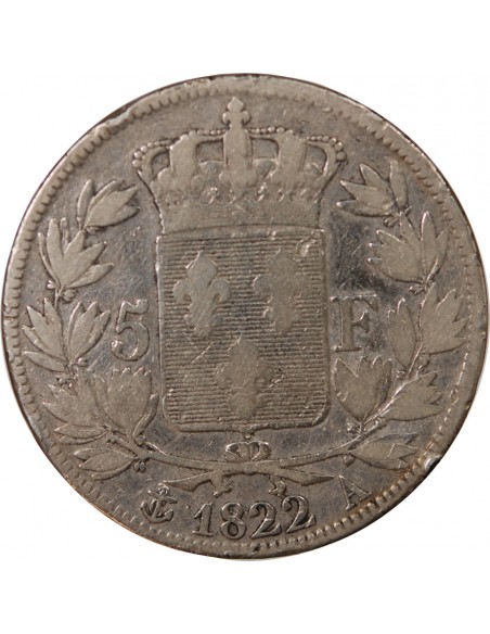 LOUIS XVIII - 5 FRANCS ARGENT, TÊTE NUE - 1822, A PARIS