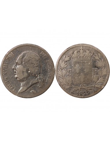 LOUIS XVIII - 5 FRANCS ARGENT, TÊTE NUE - 1822, A PARIS