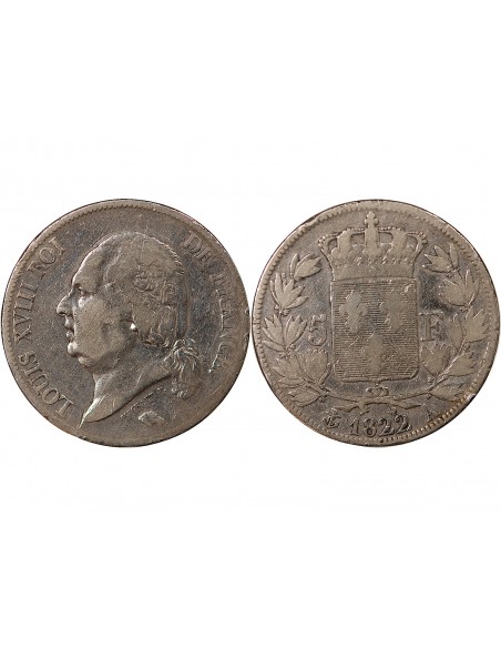 LOUIS XVIII - 5 FRANCS ARGENT, TÊTE NUE - 1822, A PARIS
