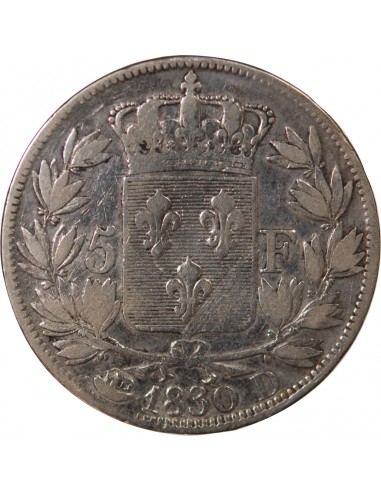 CHARLES X - 5 FRANCS  ARGENT, Tranche en creux - 1830, D LYON
