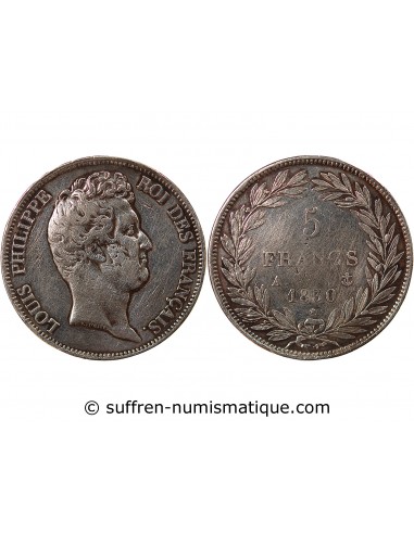 LOUIS-PHILIPPE﻿ - 5 FRANCS ARGENT, TRANCHE EN CREUX, SANS I - 1830, A PARIS
